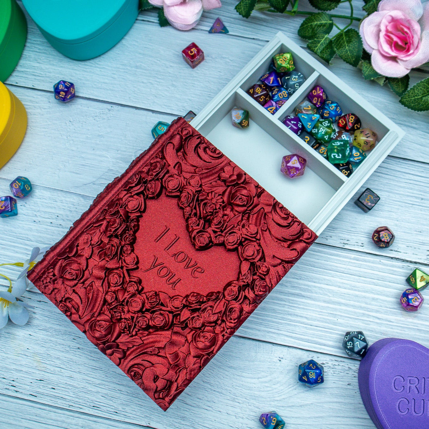 Heart and Roses Dice tome - Customisable Dice holder & Dice tray