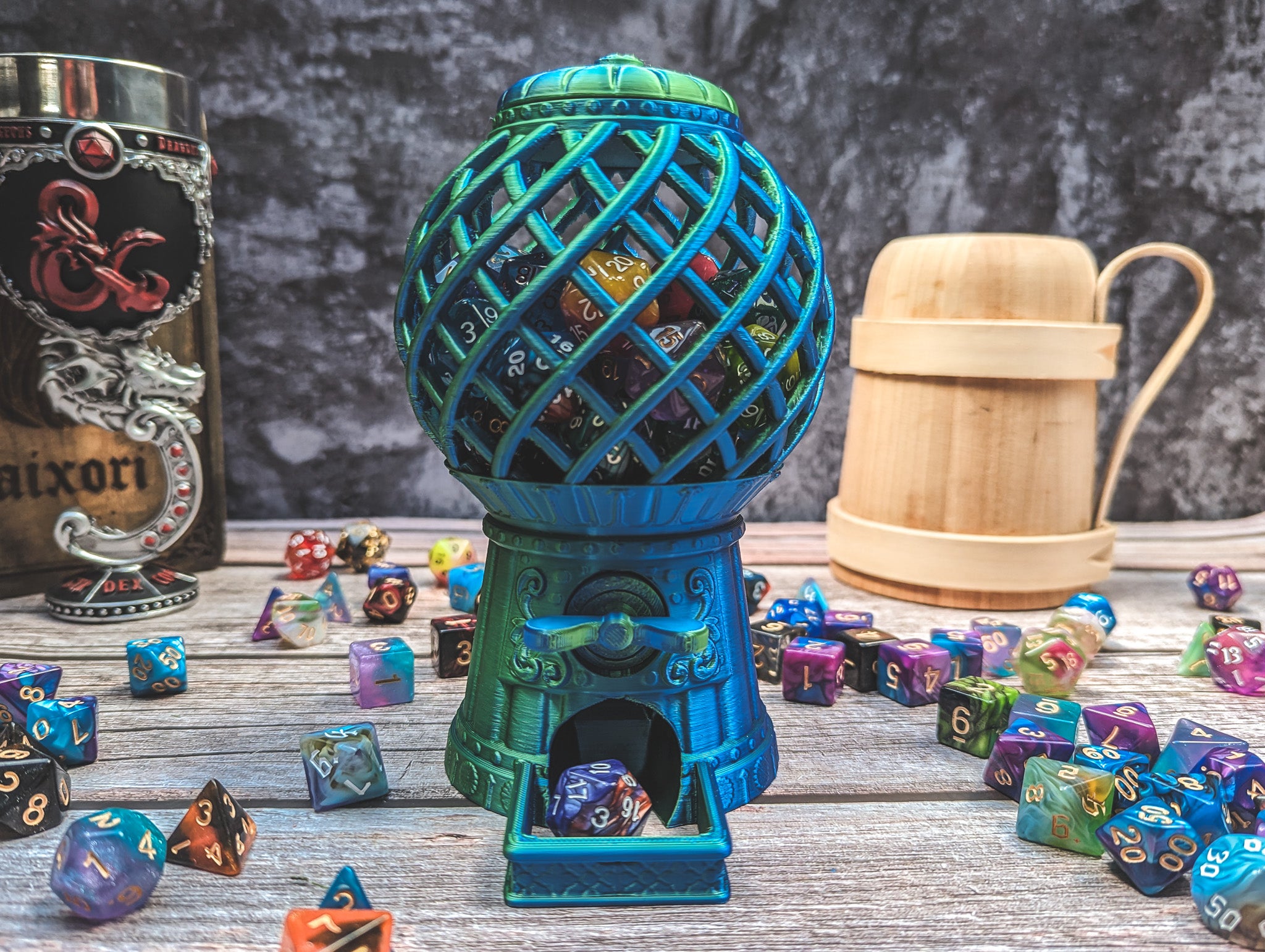 D20 Gumball machine dice tower – The Flaming Feather & Flaming Filament